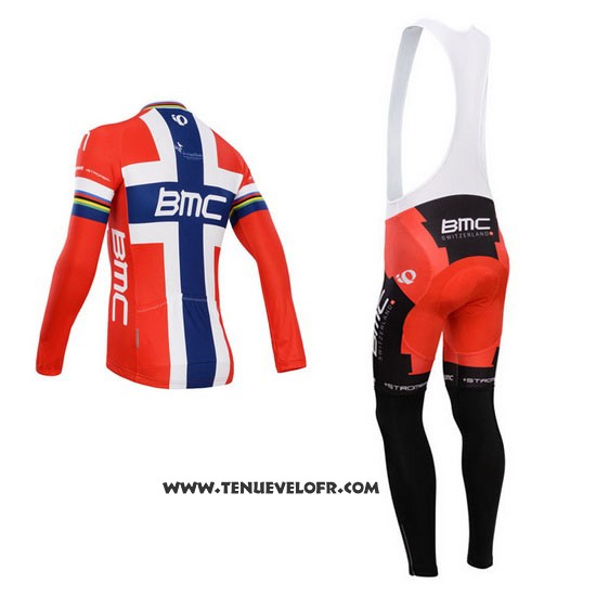 2014 Maillot Ciclismo BMC Champion Norvege Bleu et Rouge Manches Longues et Cuissard